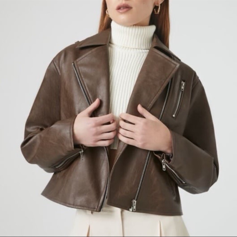 Forever 21 Brown Faux Leather Moto Jacket Cropped Asymmetrical Zip Medium NEW